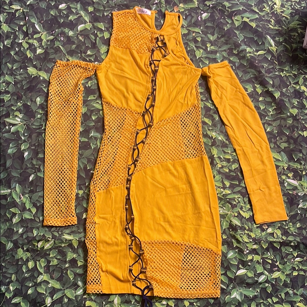 Yellow Mesh Cutout Dress